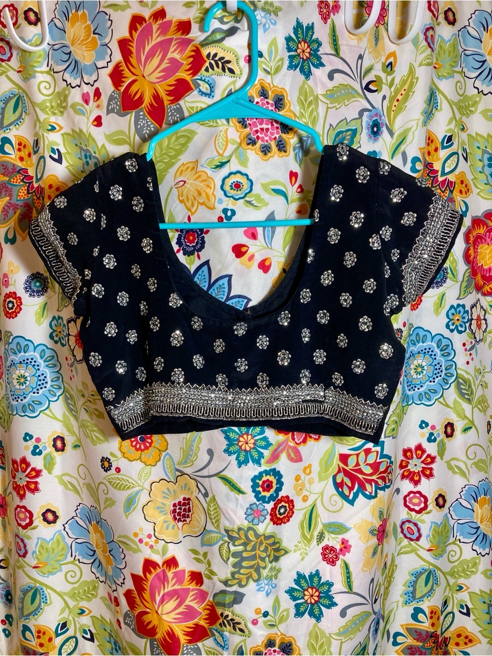 Embroidered Embellished Black Crop Top with Silver Sequins Size S